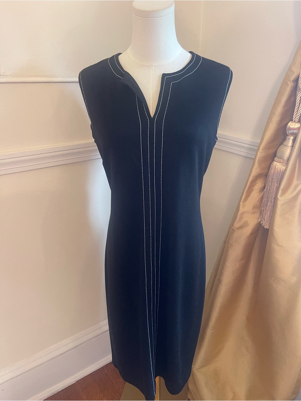 St. John Black Sleeveless Midi Dress with White Topstitching